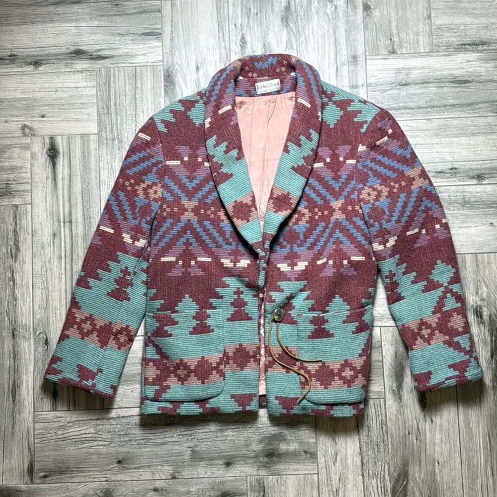 Ashley Scott Women's Multicolor Aztec Button Front Wool Blend Jacket Coat Medium